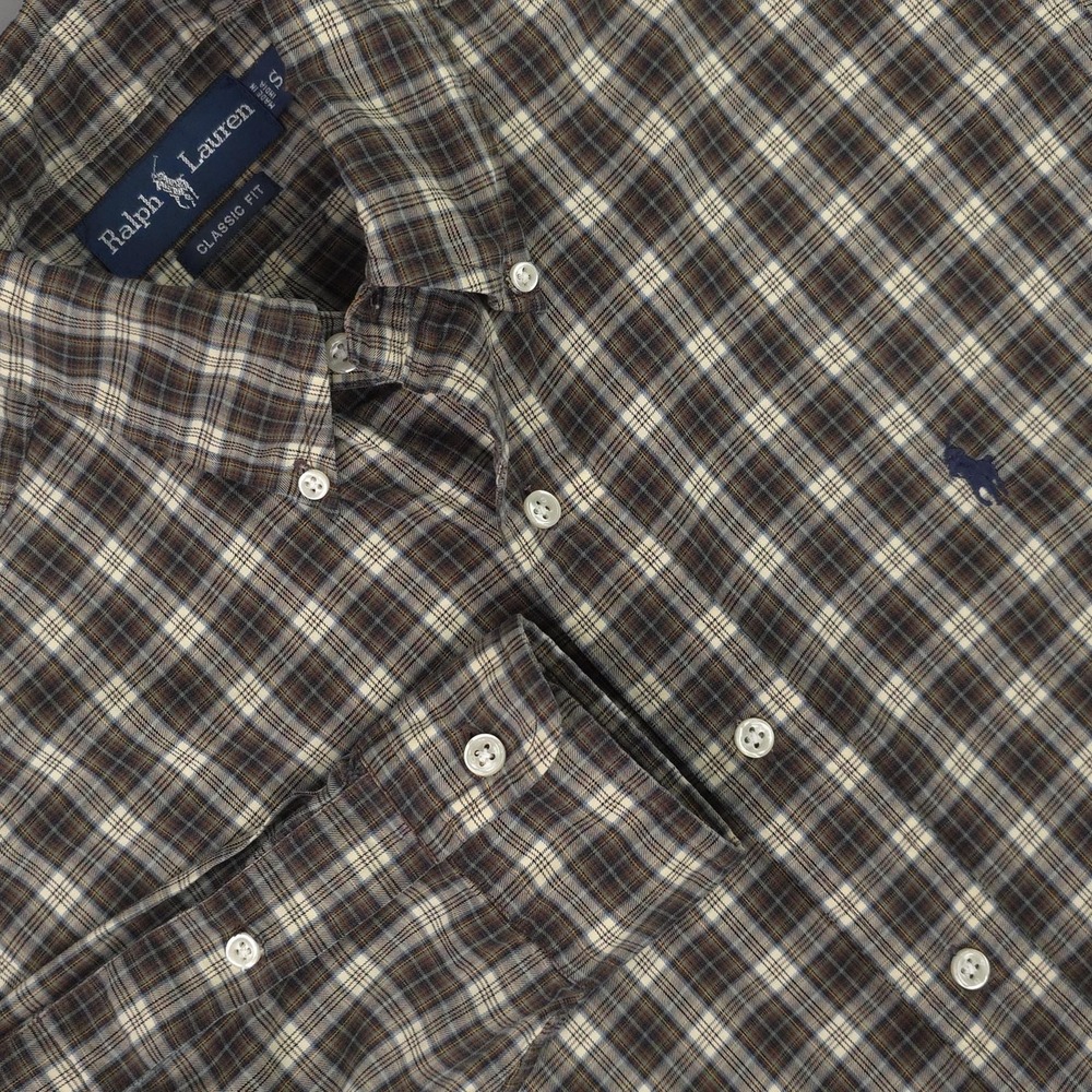 Ralph Lauren Shirt Mens Small Brown Plaid Long Sleeve Button Down Cotton Casual
